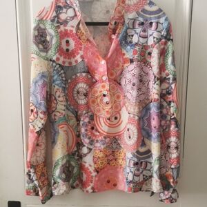 Womens Colorful Boho Spring Abstract Popover Blouse. Size XL